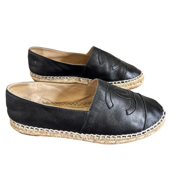 Chanel Interlocking CC Cap Toe Espadrille Shoes Black Leather Flats Size EU 38 - Picture 6 of 16